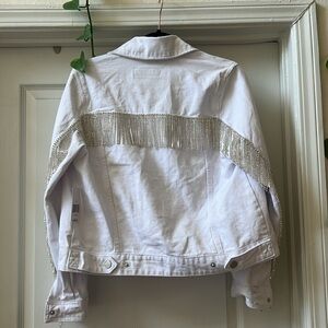 BLANK NYC White Denim Jacket with Rhinestone Fringe